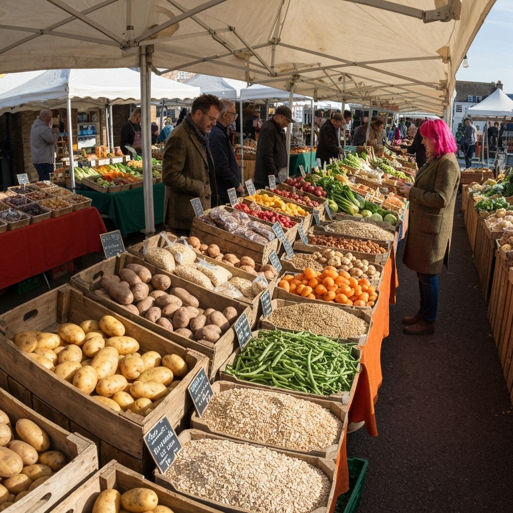 UK farmer's market displaying diverse seasonal whole produce